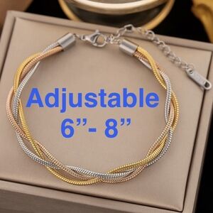 10 NWOT 6”- 8” Stainless Steel 18k Gold Plated Triple Layer Snake Bracelet